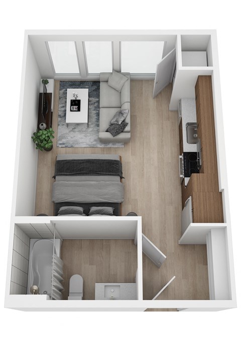Floor plan for studio, 1 bath, 352 sqft